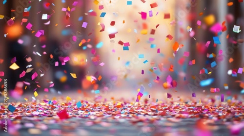 Vibrant and colorful confetti falling and scattered on the ground, creating a festive party and celebration atmosphere
