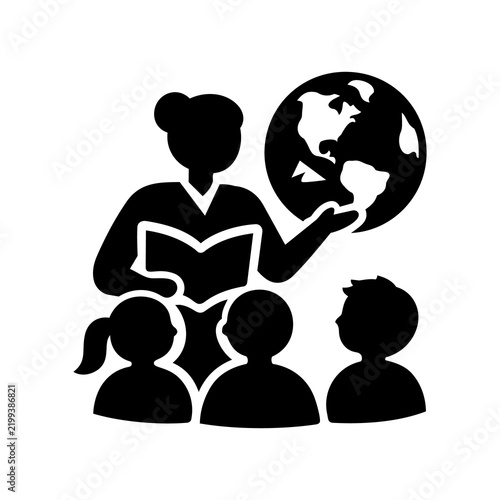 Black icon of teacher teaching students with globe and book for World Teachers Day