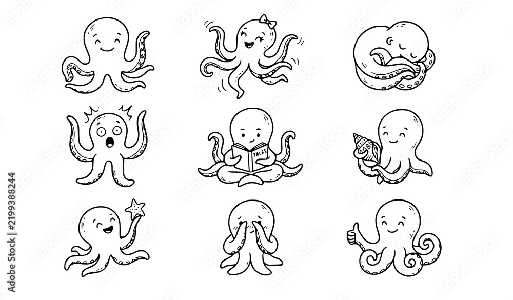 Obraz premium Cartoon octopus characters performing playful activities in minimalist line art style with white background