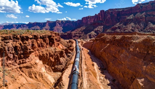 Industrial pipeline construction in a rugged desert canyon with dramatic red rock formations under a bright blue sky with scattered clouds