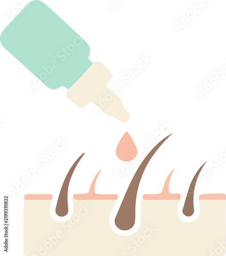 Dropper bottle applying serum or oil onto human hair follicles on skin in a flat vector illustration