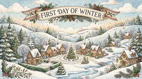 Cozy snow-covered village with festive decorations and a banner proclaiming the first day of winter Keywords: winter, village, snow, christmas, holiday, festive, cozy, countryside, rural, houses