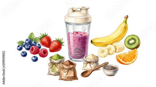 Watercolor of Colorful smoothie ingredients with shaker, fruits, and superfood powders, isolated on transparent background
