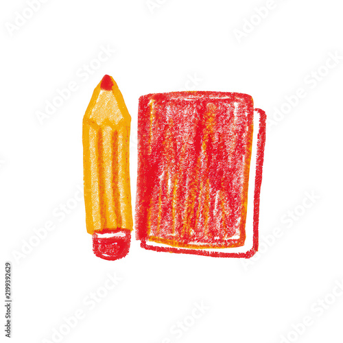 Hand drawn yellow pencil and red notebook icon on a white background
