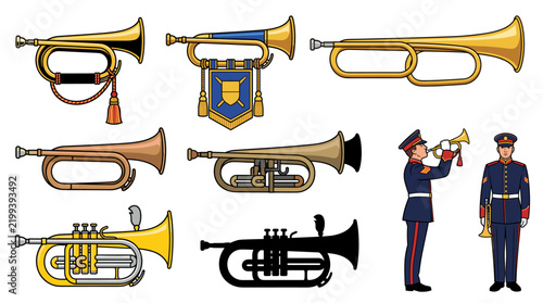 Obraz na płótnie Set of vector collection featuring different styles of bugle instruments, includ