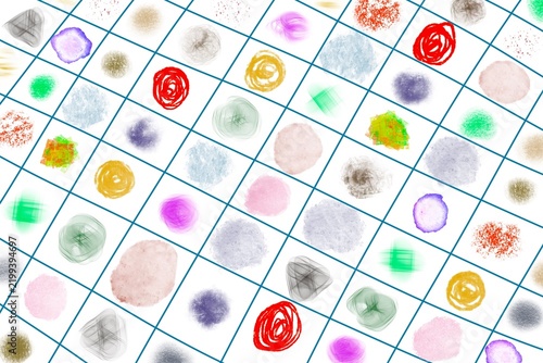 Griglia geometrica con campioni di colore e cerchi pastello disegnati a mano