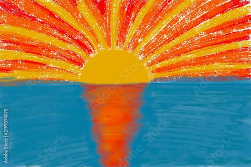 Tramonto sul mare con raggi di sole caldi e riflessi sull acqua disegno pastello