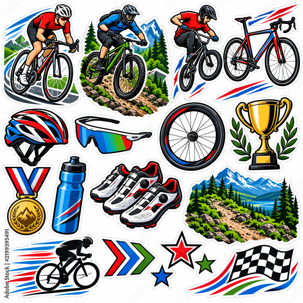 Obraz premium Cycling stickers set with mountain bikes and professional racing gear