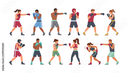 Obraz na plátně Diverse boxers training vector collection with male and female athletes punching