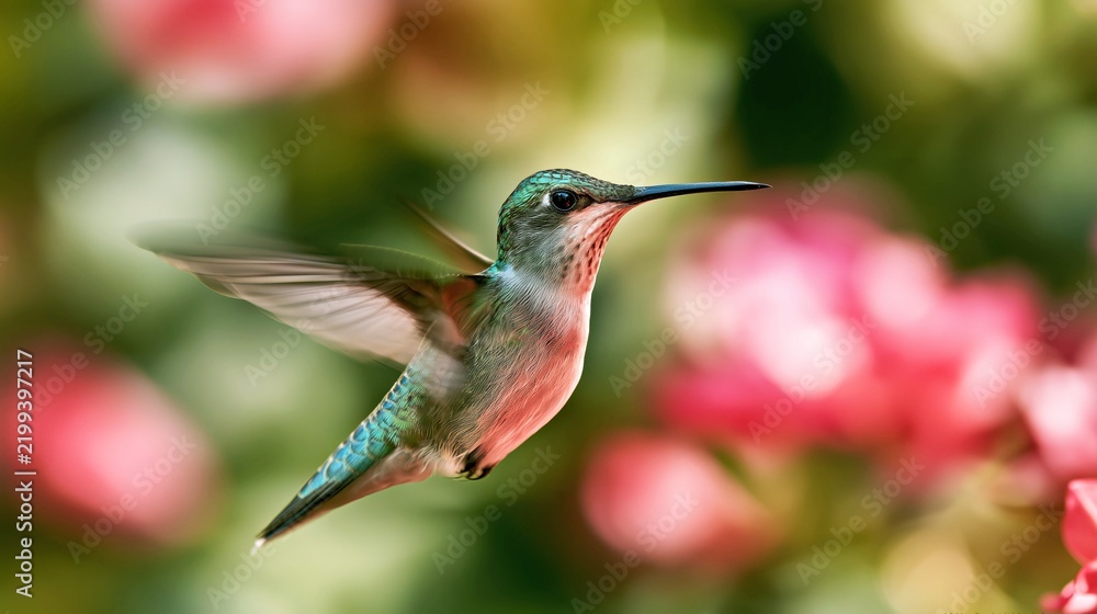 Obraz premium Hummingbird hovering near pink flowers with colorful wings in a natural garden background for wildlife design.
