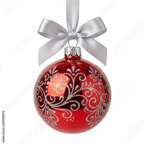 Red christmas ornament with silver glitter swirl pattern and ribbon bow isolated on transparent background