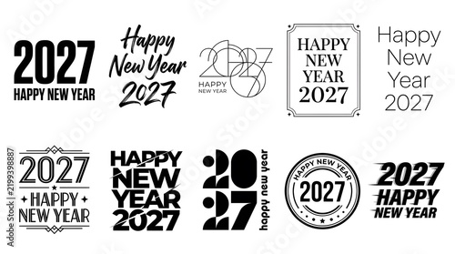 Happy New Year 2027 typographic designs in various styles and arrangements