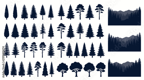 Set of dark navy tree silhouettes and forest landscape elements.