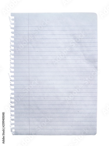 Ripped old notebook paper page with blue horizontal lines, a red left margin, and torn spiral holes. Isolated lined paper texture background for copy space and notes