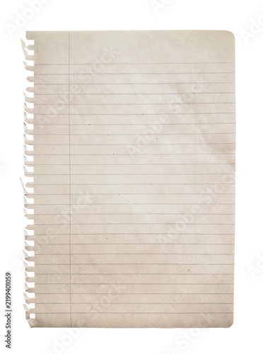 Ripped old notebook paper page with blue horizontal lines, a red left margin, and torn spiral holes. Isolated lined paper texture background for copy space and notes