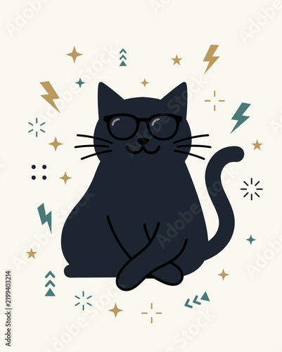 Cool Cat Wearing Glasses With Bolt And Star Icon Flat Vector Design Art
