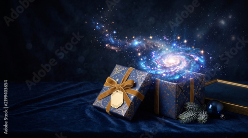 Christmas concept, beautifully wrapped gift box opened to reveal a miniature glowing galaxy inside 