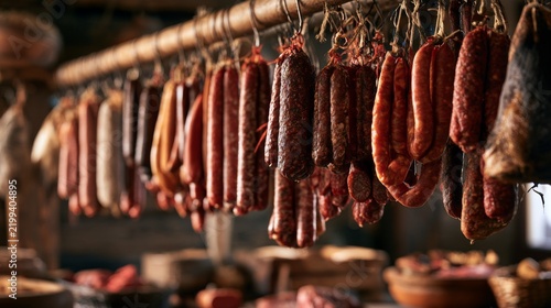 Traditional Cured Sausages Hanging in Rows Inside a Rustic Setting, Perfect for Culinary and Food Photography