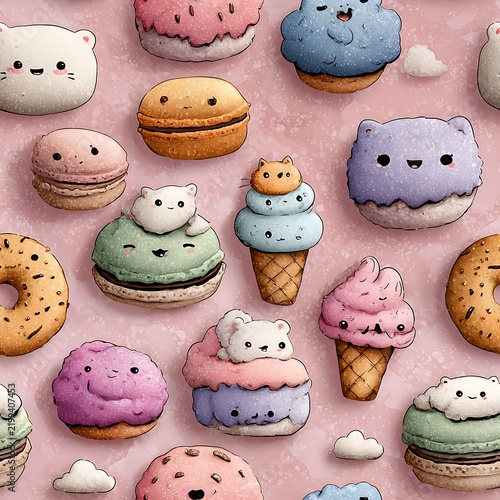 Cute Dessert Pattern with Whimsical Characters and Sweet Treats Design