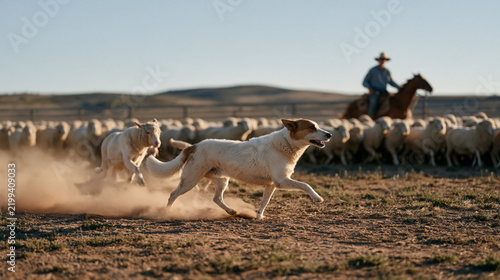 An Australian sheep station at mustering time with hundreds of merino sheep moving through timber yards toward shearing sheds, a stockman on horseback and two working dogs driving