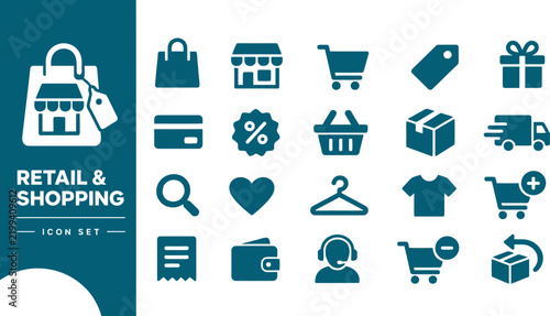 retail and shopping vector icon set with commerce symbols