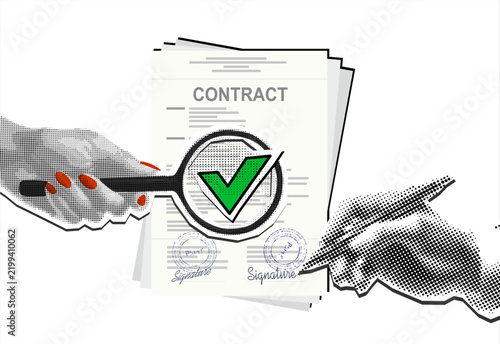 Vector collage element of contract verification and signing: one hand with a magnifying glass containing a checkmark and another signing, agreement and approval concept, halftone newspaper style, edit