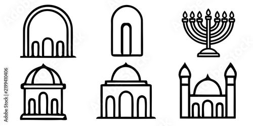 Synagogue Architecture and Hanukkah Menorah Line Art Icon Set Vector
