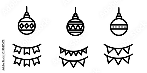 Festive Hanging Baubles and Bunting Garland Line Art Icon Set Vector