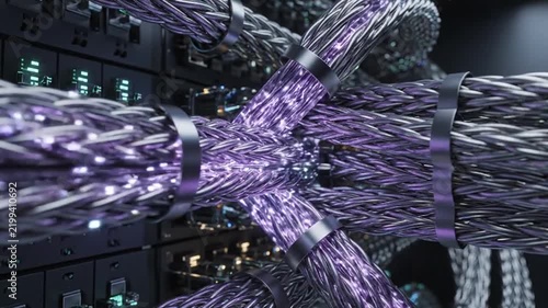 Fiber Optic Cables in Data Center: A close-up view of bundled fiber optic cables with a purple glow, intricately connected within a modern data center.