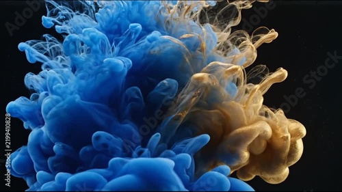 Abstract Smoke Cloud: An ethereal dance of blue and golden smoke swirls and intermingles against a dark backdrop, creating a mesmerizing abstract visual.