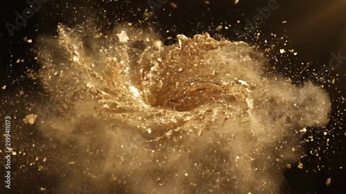 Explosive Gold Dust Vortex: A dramatic swirling vortex of golden dust erupts, creating a dynamic and energetic visual spectacle with particles scattering outwards.