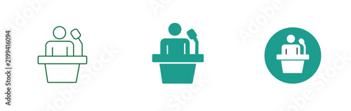 Speech podium with microphone icon in green outline for public speaking presentations.