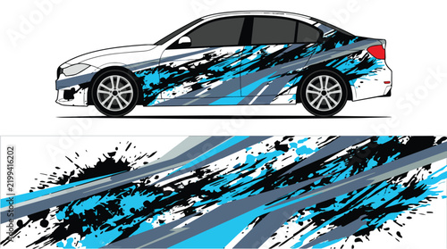 Car with blue black abstract spray paint wrap design vector