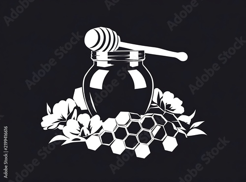 Honey jar with honey dipper and hexagonal honeycomb illustration