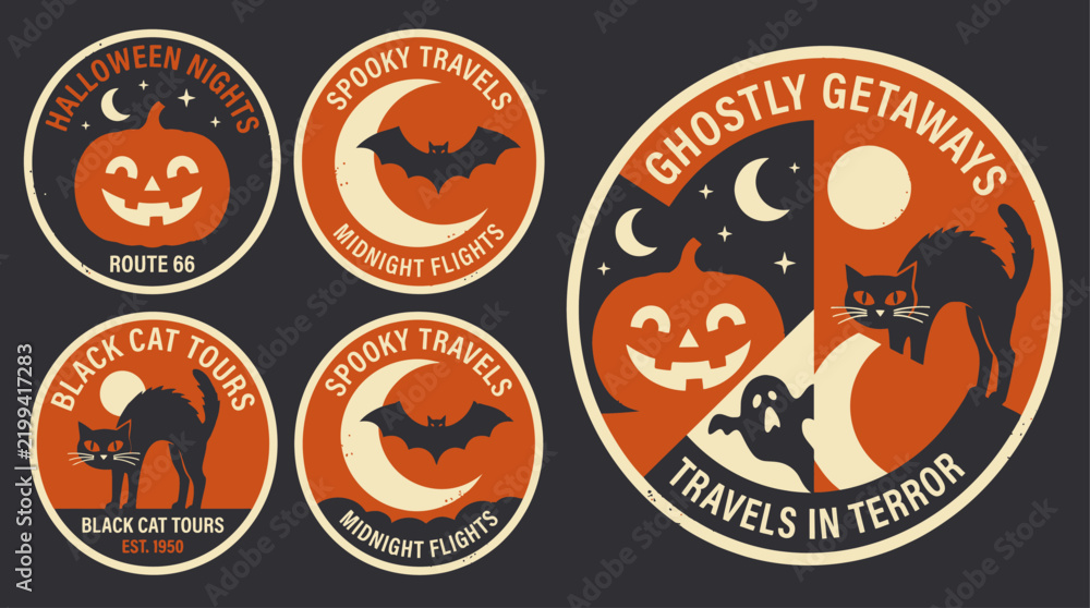 Fototapeta premium Vintage Halloween Travel Badge Set Featuring Spooky Pumpkins, Black Cats, and Bats in Retro Line Art Style