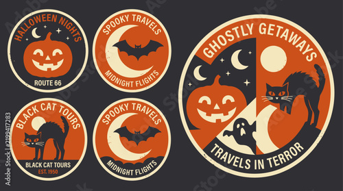 Vintage Halloween Travel Badge Set Featuring Spooky Pumpkins, Black Cats, and Bats in Retro Line Art Style