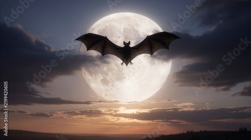 A large black bat flying directly forward with wide open wings in front of a huge glowing full moon, set against a dark night sky with dramatic clouds and a sunset glow at the horizon.