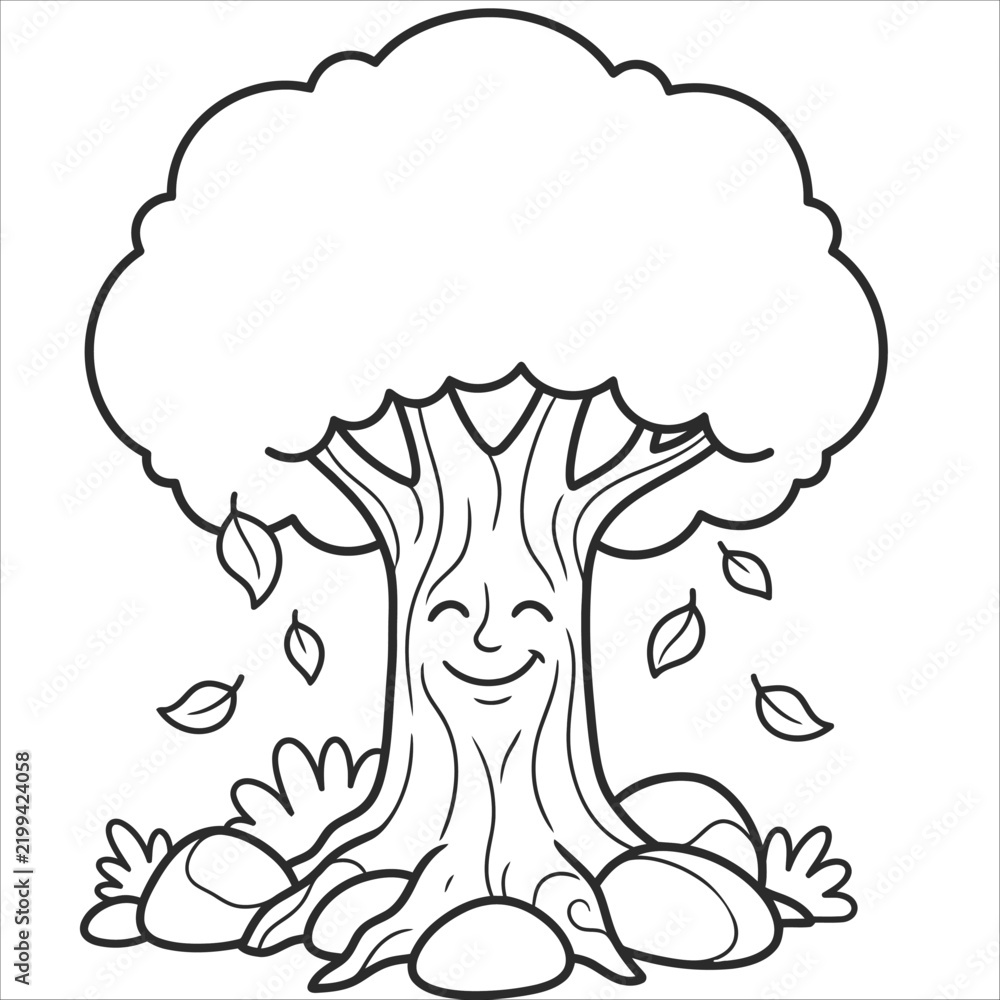 Fototapeta premium A cute cartoon tree with a happy smiling face and falling leaves for children coloring book page