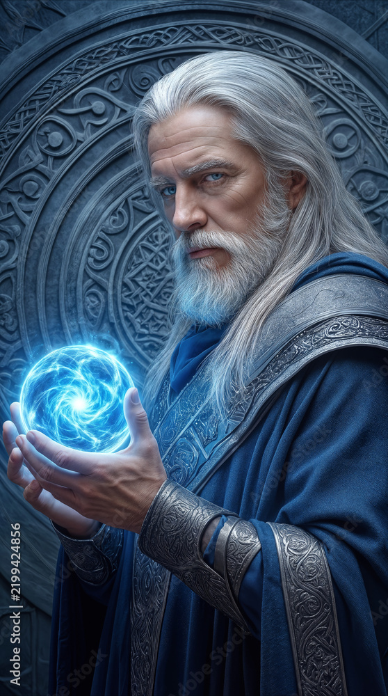 Obraz premium Elderly wizard holding glowing energy orb against stone wall with ancient carvings. Fantasy character with long white hair and beard wearing blue robes and metal bracers.