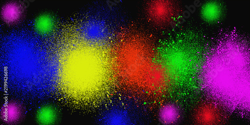 Colorful paint splatters on black background. Vibrant neon spray paint drops in yellow, green, blue, pink, and red. Abstract artistic design for modern creative backdrop and poster.