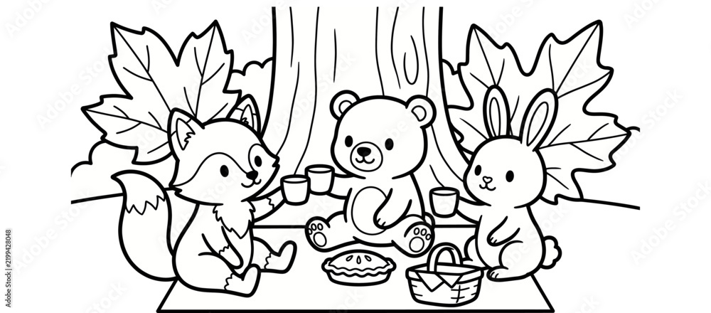 Fototapeta premium Cute cartoon animals having a picnic under a tree with autumn leaves for children coloring page