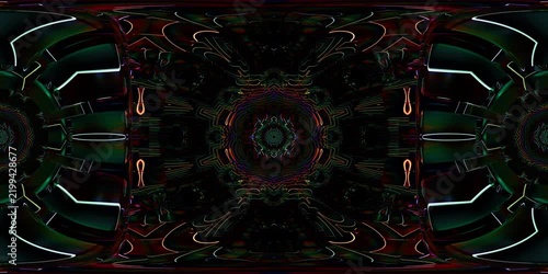 Infinite VR 360 mandala shaped by sacred geometry as an equirectangular environment map, designed for spiritual dome projection, metaverse spaces, kaleidoscopic VJ loops and HDRI spherical map