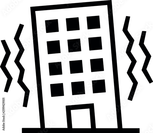 Black and white icon of a tall building shaking during a major seismic earthquake event