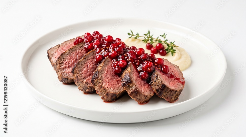 Fototapeta premium Sliced medium rare reindeer roast with lingonberry jam on modern Nordic white porcelain isolated on white background