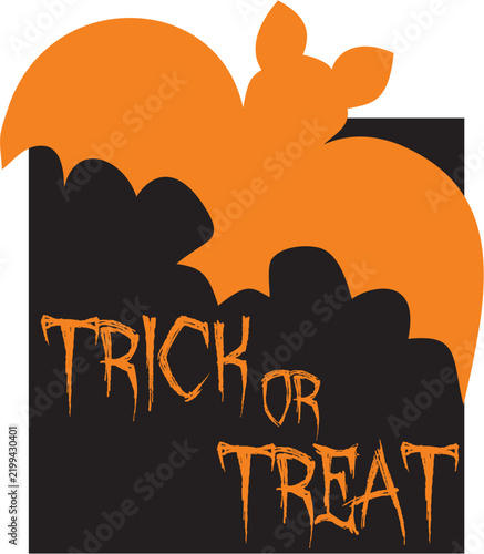 Minimalist Trick or Treat Halloween Graphic Design with Orange Bat Silhouette on Black Background