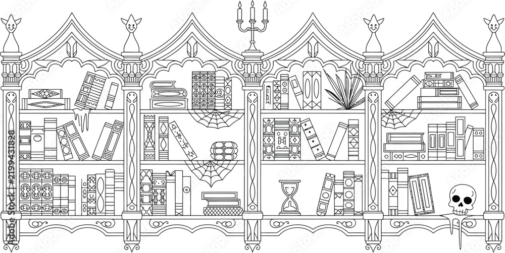 Obraz premium Ornate Gothic Bookshelf filled with old books and spooky elements during Halloween