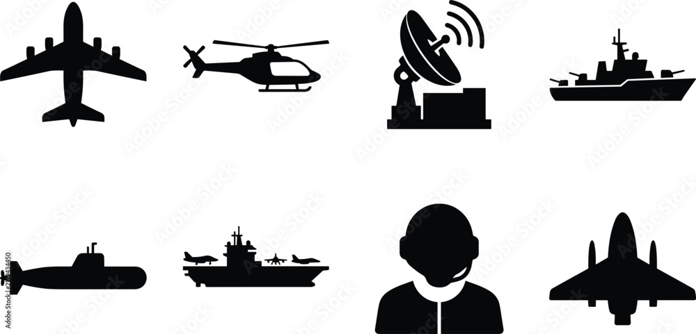 Obraz premium Military transport and defense icon set featuring airplane helicopter radar warship submarine aircraft carrier soldier and fighter jet