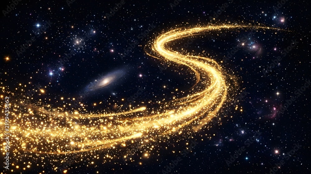 Fototapeta premium Golden light trail with sparkling particles moving through deep dark space with glowing stars and galaxy background for magical fantasy design concepts