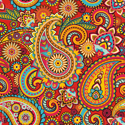 Paisley motifs fill this colorful seamless pattern with intricate oriental details.