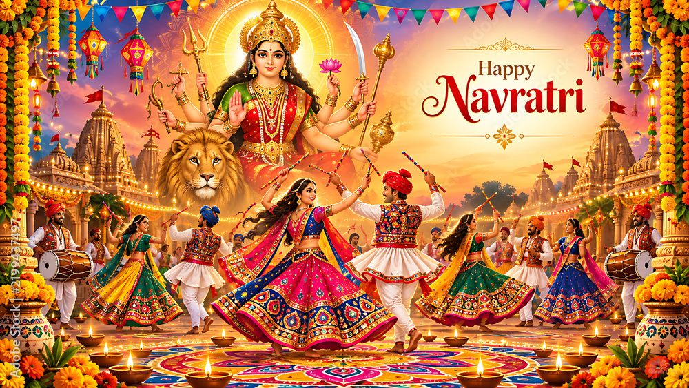 Fototapeta premium Navratri Durga Pooja Dandiya Garba Celebration with Goddess Durga, Traditional Garba Dancers, Marigold Flowers and Festive Lights